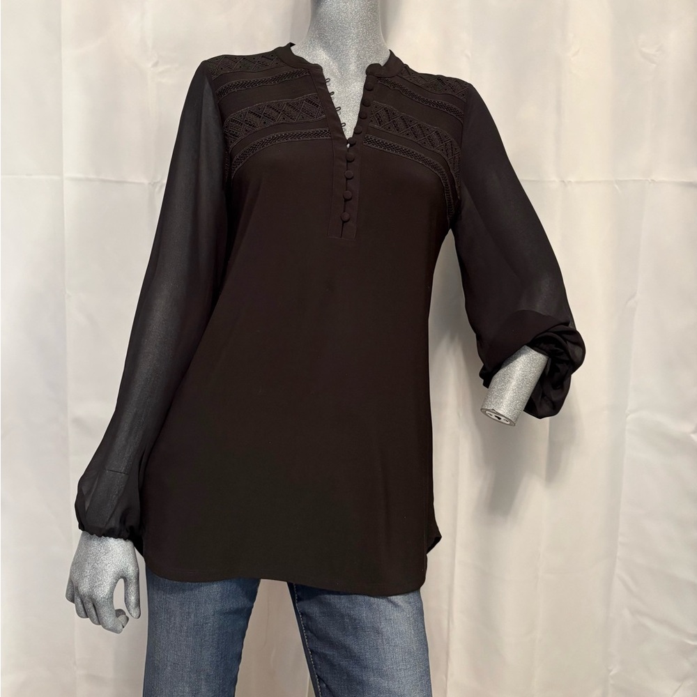 WHBM Black Sheer Lace Blouse Long Sleeve Button Up Whimsigoth Fairy Flowy Office